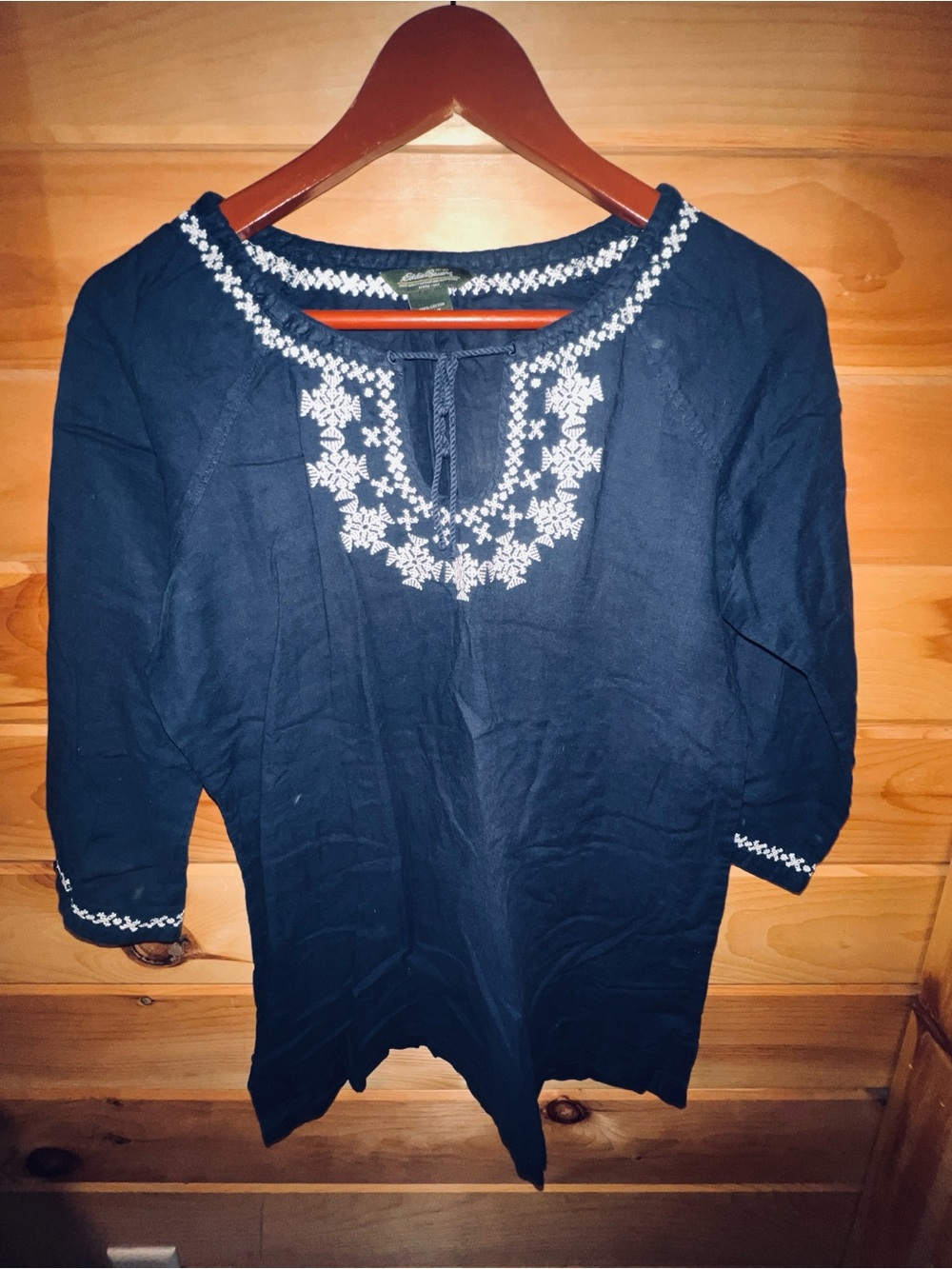 Eddie Bauer Navy Tunic Top with White Embroidery
